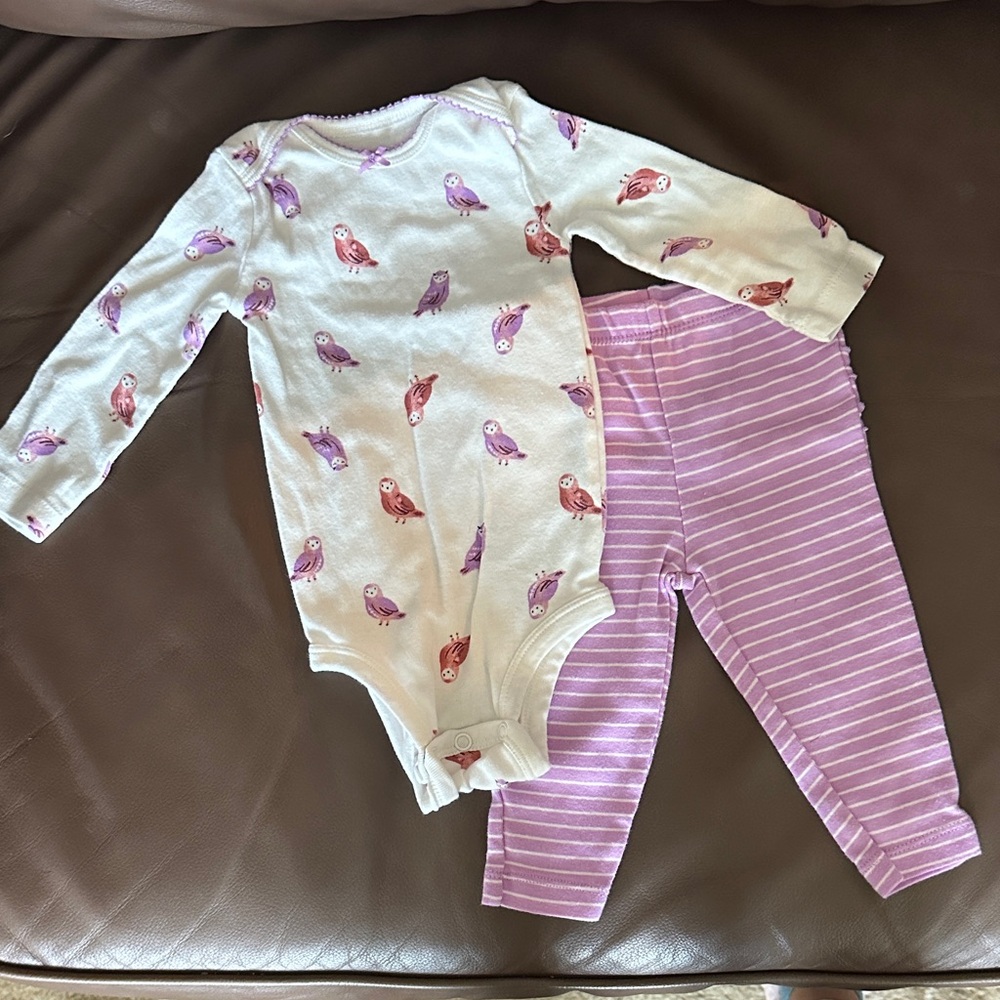 Carter's Owl Print Bodysuit and Striped Pants - White and Purple